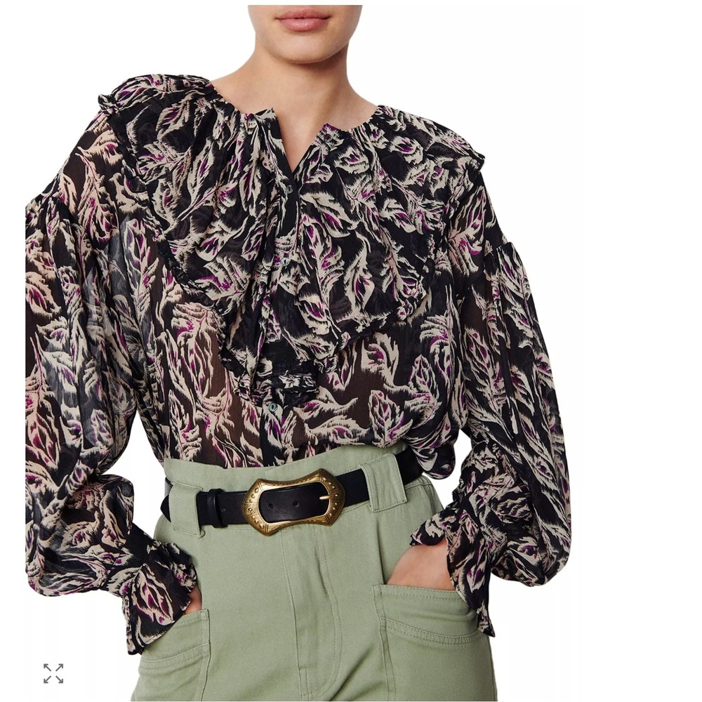 BA&SH Genny Printed Blouse Noir Black Purple Abstract‎ Leaf Ruffle Top Size 1 S